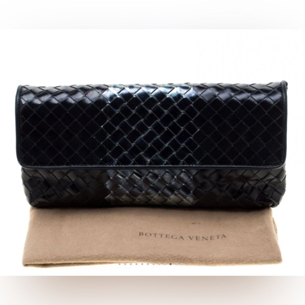 Bottega Veneta Black/Metallic Intrecciato Leather Flap Clutch